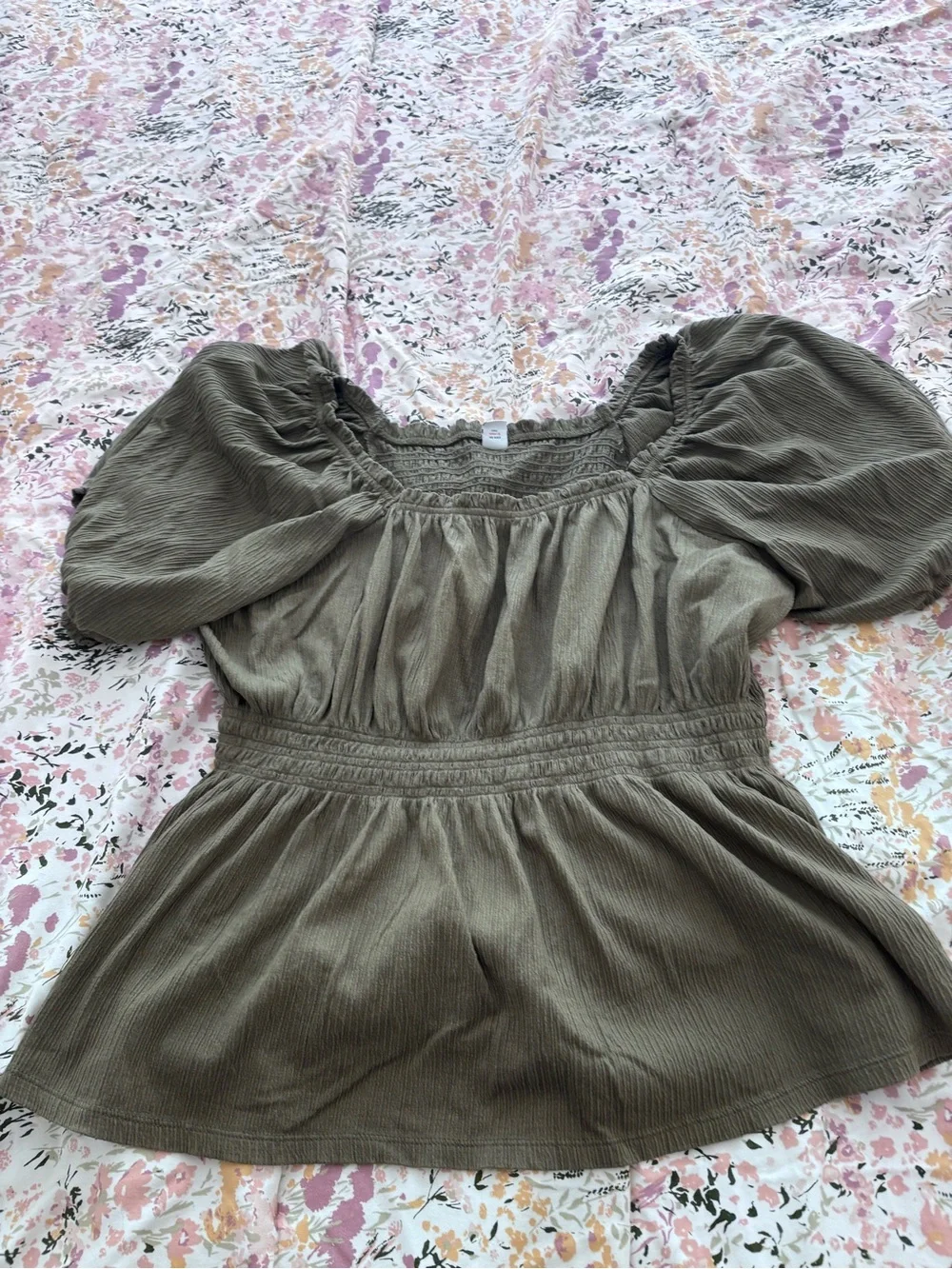 Old Navy Olive Green Puff Sleeve Smocked Waist Top